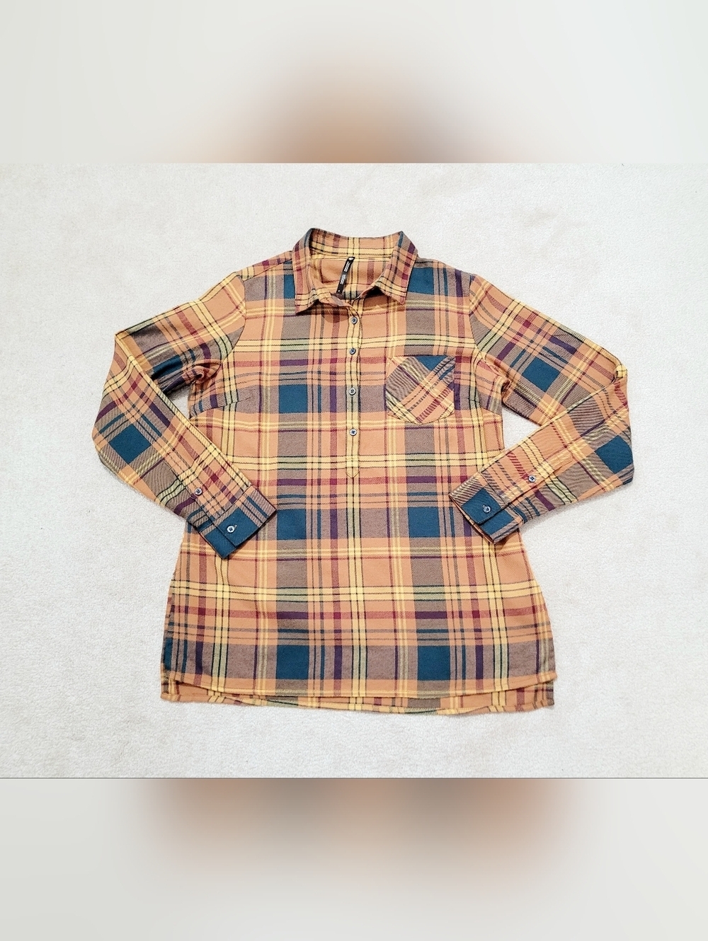 KÜHL Flannel Shirt Womens Small Orange Plaid Long Sleeve Button Up Outdoor Hikin - Picture 15 of 16